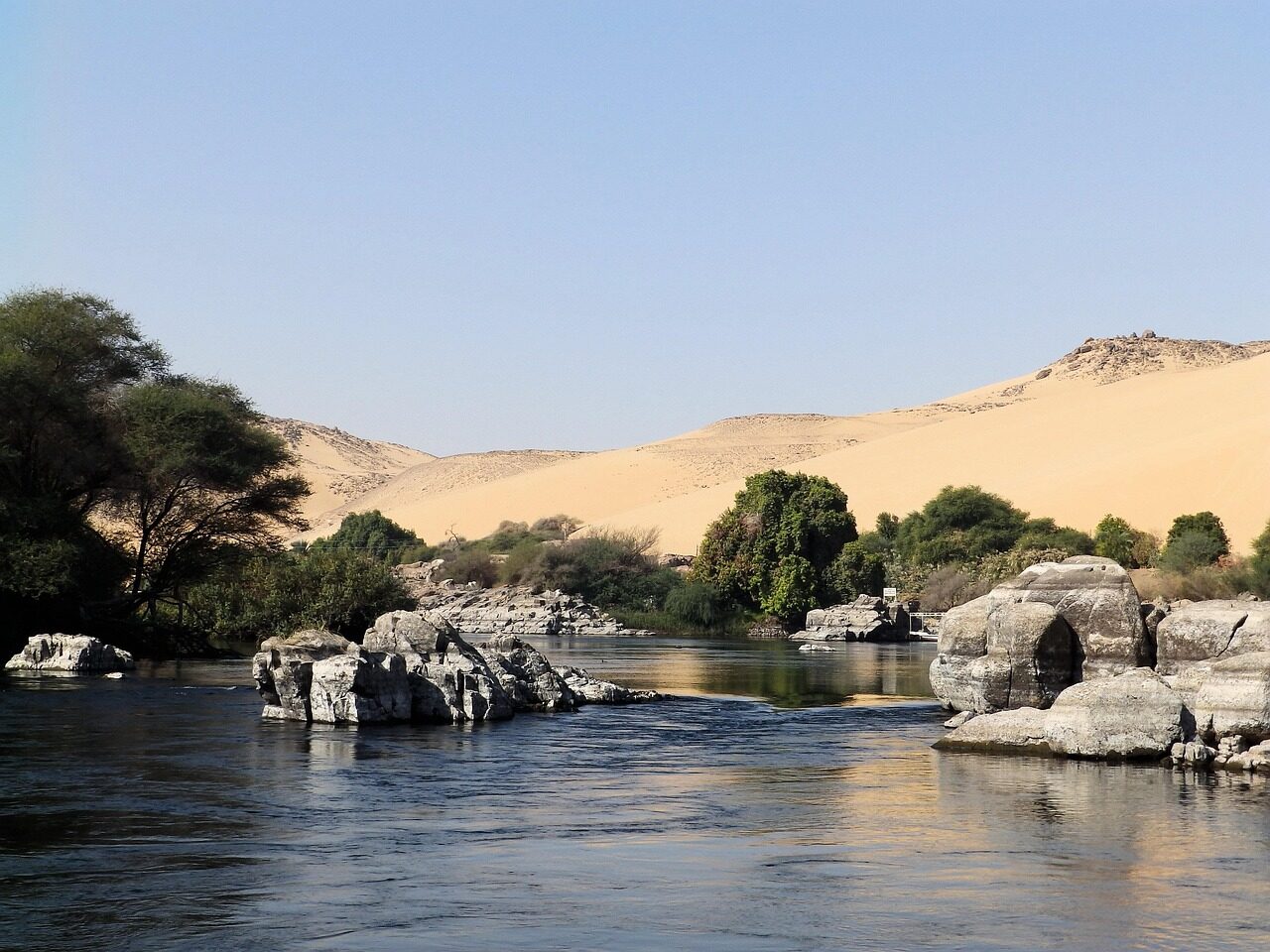De rivier de Nijl met woestijnlandschap in Egypte