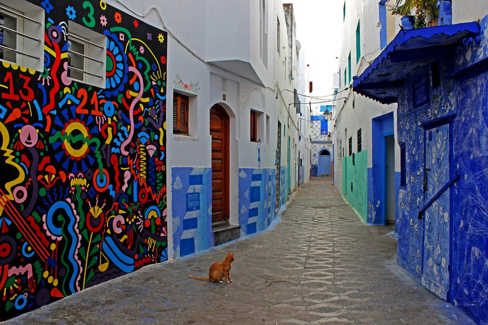 Kleurrijke straatkunst in de blauw-witte medina van Asilah in Marokko