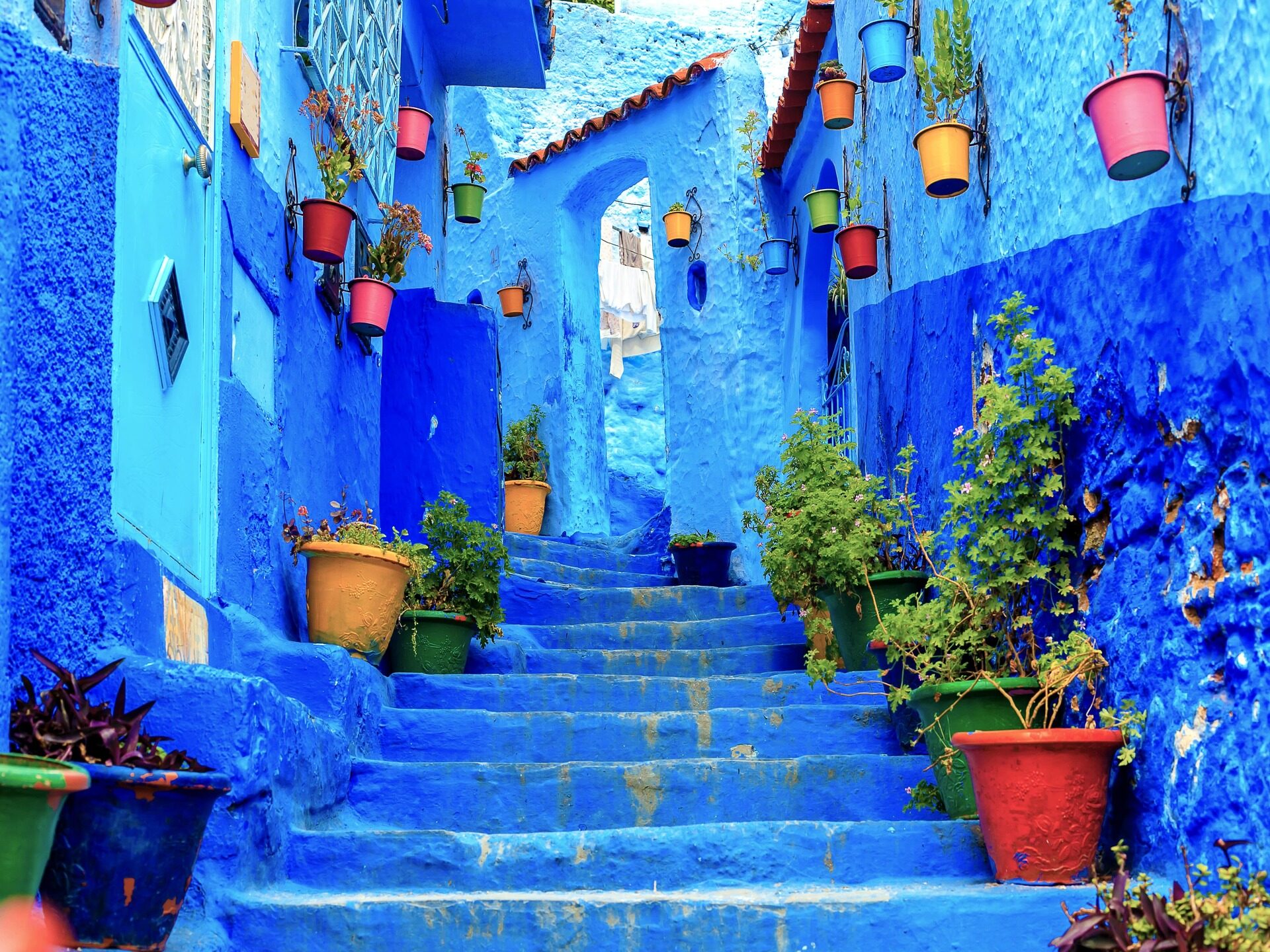 Blauwe trappen met bloempotten in Chefchaouen, Marokko