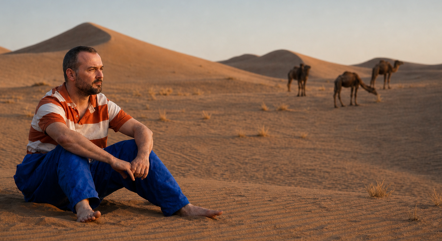 Reiziger in de Sahara van Marokko bij zonsondergang tussen zandduinen en kamelen