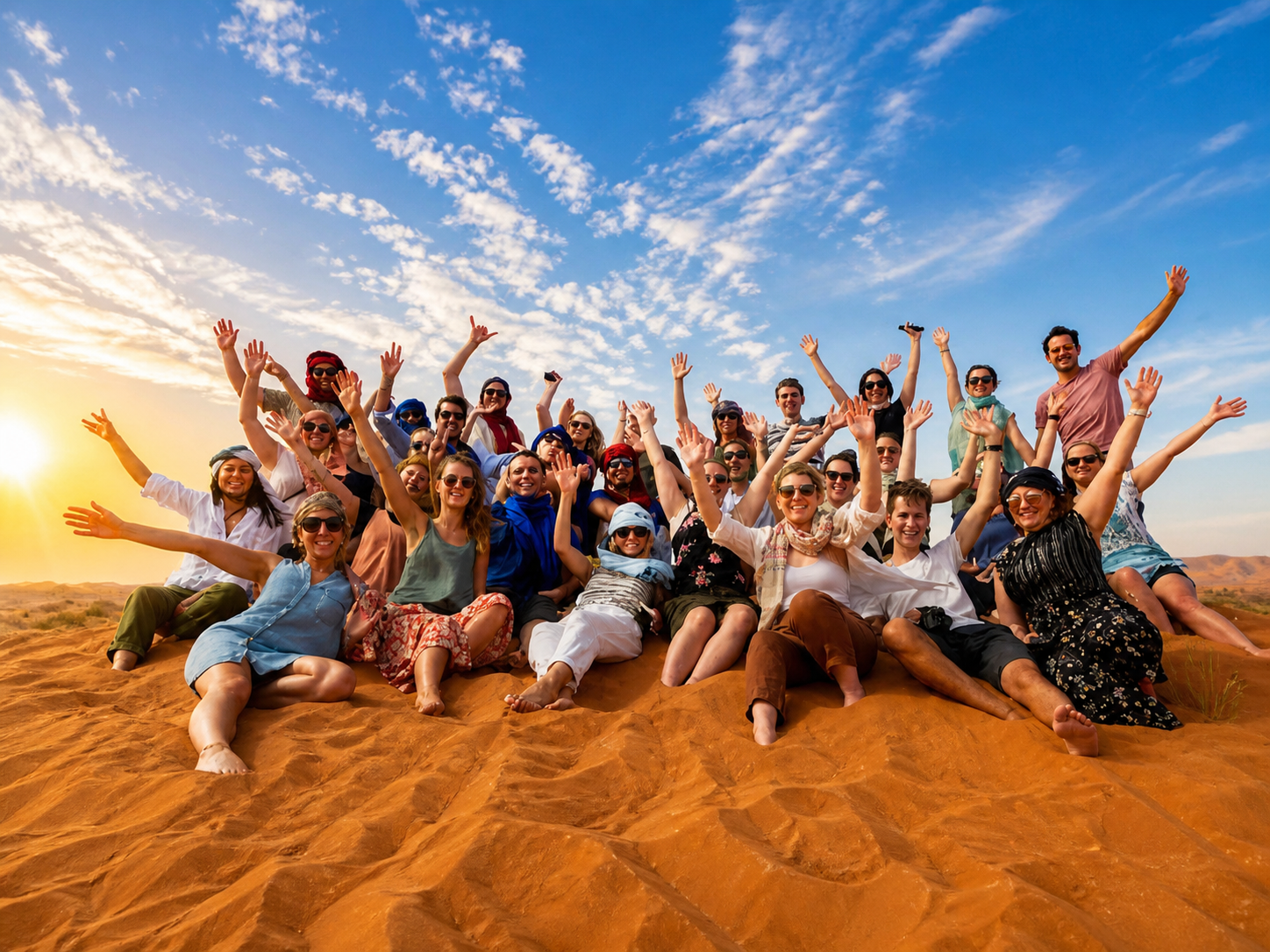 Groepsreis in de Sahara van Marokko met reizigers op zandduinen tijdens zonsondergang