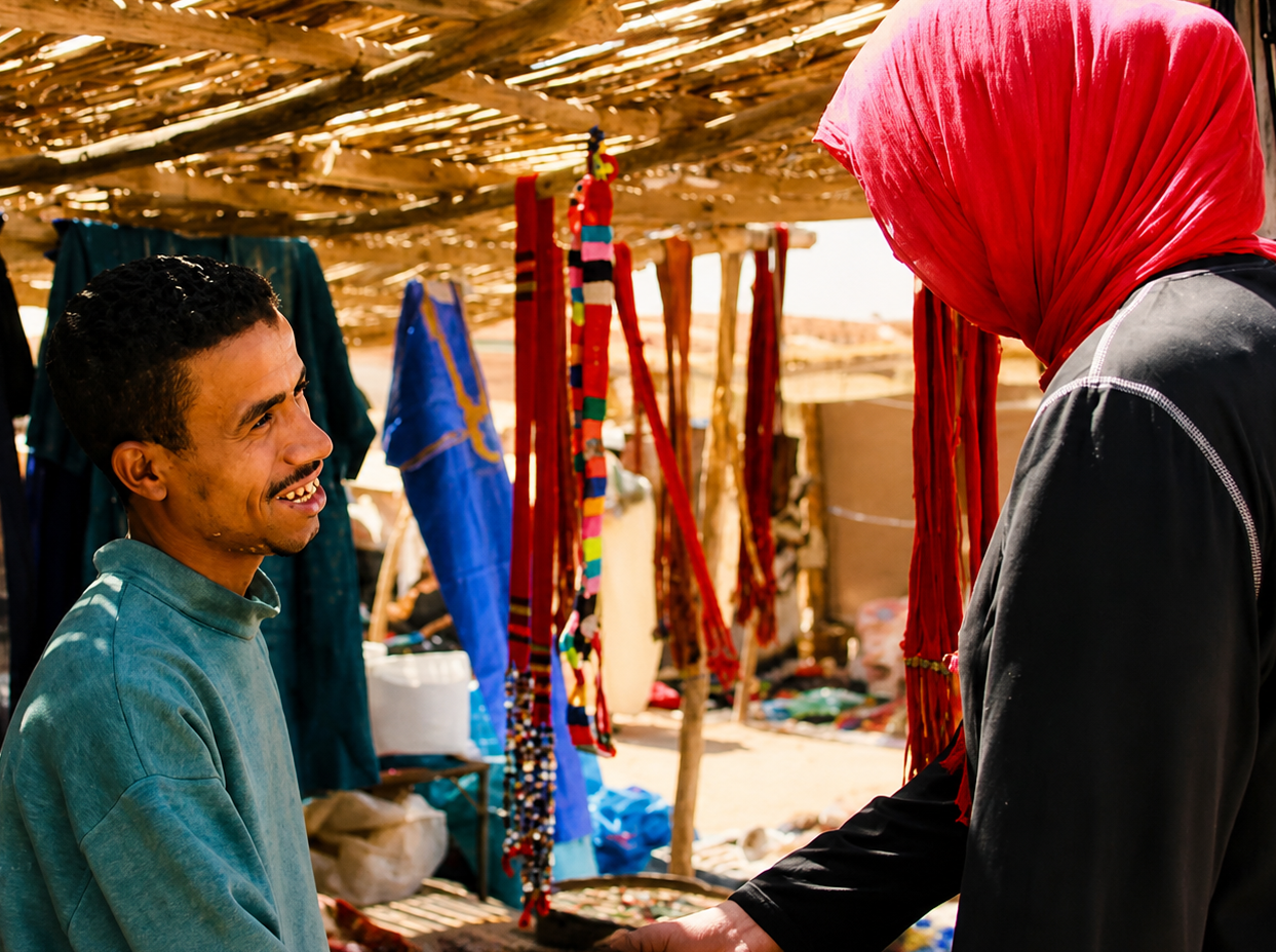 Ontmoeting met lokale bewoners op een traditionele markt in de Sahara van Marokko