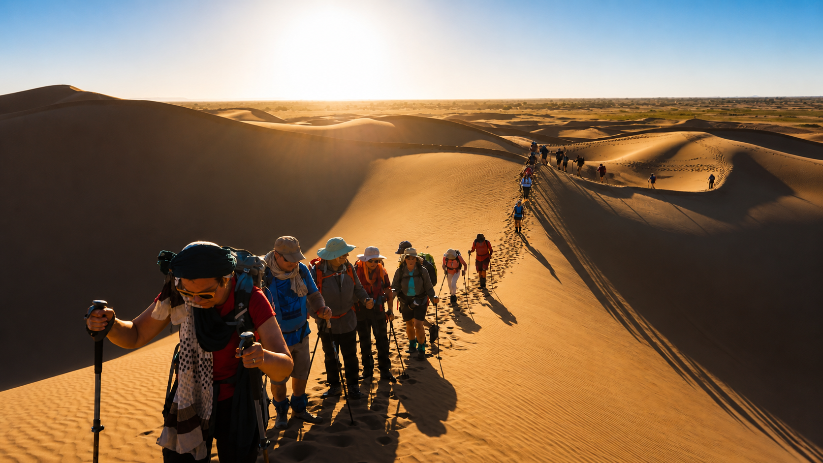 Wandelgroep trekt door de zandduinen van de Sahara tijdens een woestijntrekking in Marokko