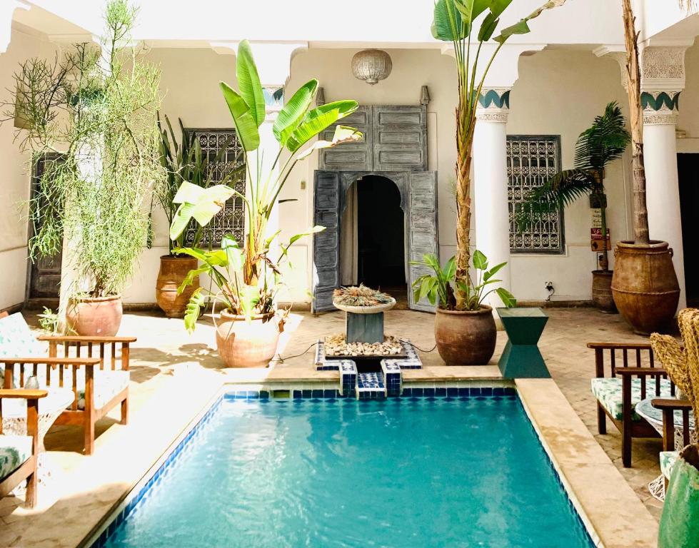 Zonnige riad patio Marokko met smal zwembad blauwe tegelfontein tropische planten terracotta potten en witte zuilen