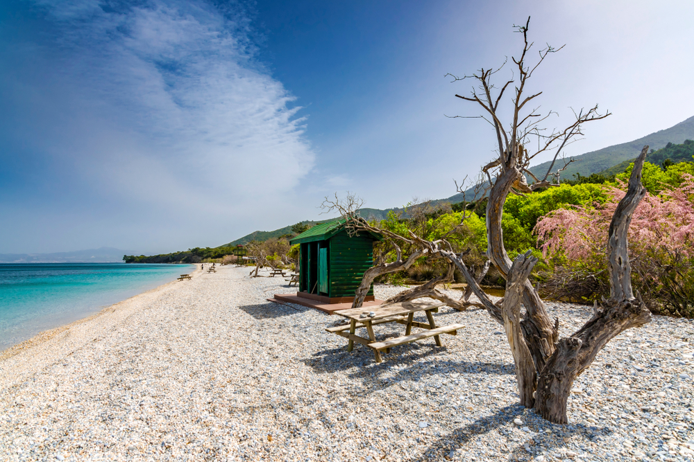Kiezelstrand met picknicktafels, een groen houten huisje en bloeiende tamarisken in nationaal park Dilek
